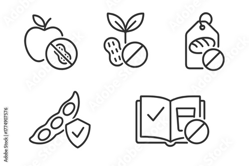Vegan Diet Icons. Line style icons of vegan diet: food allergies and vegan options, nut-free plant icon, gluten-free bread tag,