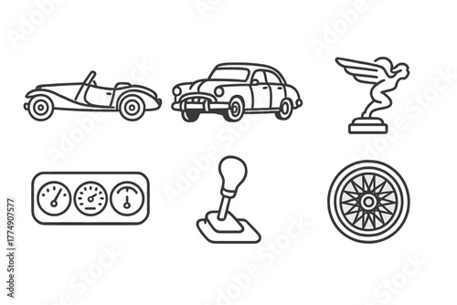 Retro Auto Icons. Line style icons of Retro Automobiles: convertible roadster, chrome bumper car, antique hood ornament, dashboard