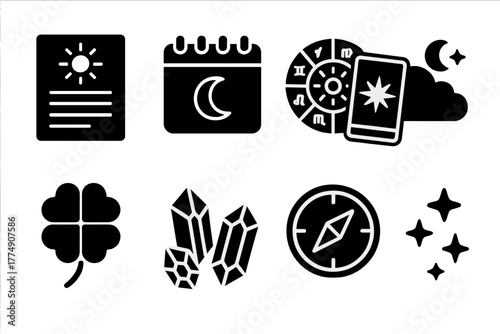 Astrology Icons Collection. Solid style icons of astrology in daily life: Daily Forecast Page, Moon Calendar, Tarot and Chart