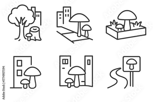 Urban Mushroom Icons. Line style icons of Urban Mushroom Foraging: city park tree stump, shaded sidewalk fungi, garden bed