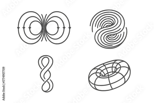Energy Flow Icons. Line style icons of Energy Flow and Torus: magnetic torus field, vortex loop, inner flow symbol, field in