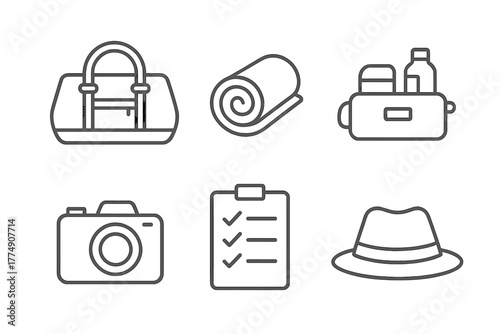 Glamping Packing Essentials. Line style icons of Glamping Travel Packing: duffel bag, clothing roll, toiletries bag, camera,