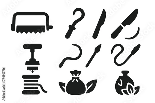 Medieval Surgical Tools. Solid style icons of medieval surgical tools: Bone Saw, Iron Hook, Surgical Blade, Trepanation Drill,
