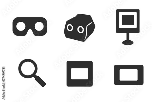 Retro Viewing Icons. Solid style icons of Retro Viewing Equipment: Stereoscope, Slide Viewer, Magnifier, Handle, Frame, Stand,