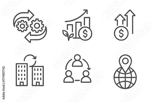 M&A Line Icons. Line style icons of mergers & acquisitions: merger synergies, cost-saving chart, revenue synergy icon, economies