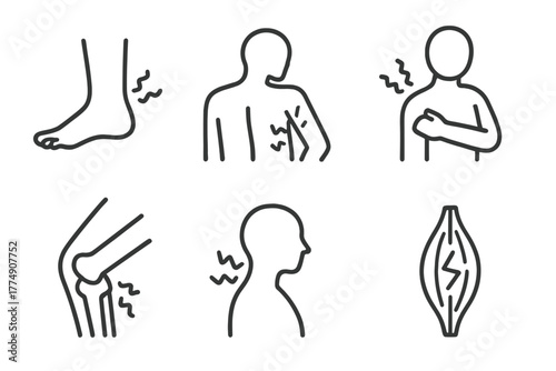 Physiotherapy Injury Icons. Line style icons of injury types treated in physiotherapy: sprained ankle, back pain, frozen shoulder,