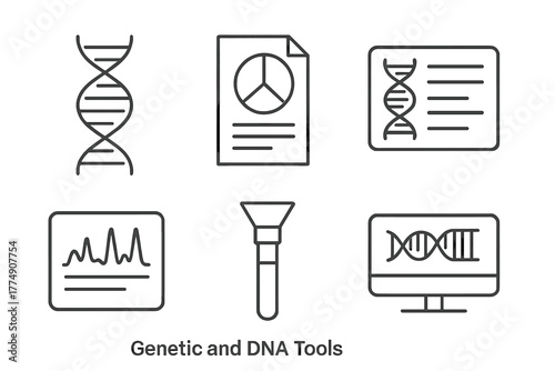 DNA Tools Line Icons. Line style icons of Genetic and DNA Tools: DNA helix icon, ancestry report chart, genotype card, SNP report