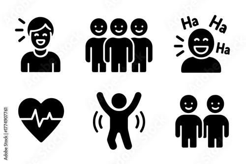 Laughter Yoga Icons. Solid style icons of Joyful Breathing Exercise: Laughter Yoga, Group, Fake Laughter, Joy, Health, Exercise,