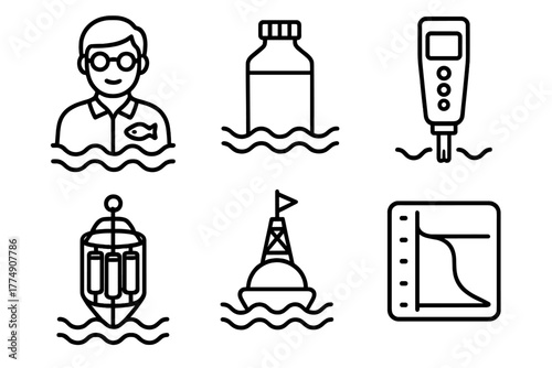Marine Biology Icons. Line style icons of marine biology: oceanographer icon, water sampling bottle, salinity meter, CTD device,
