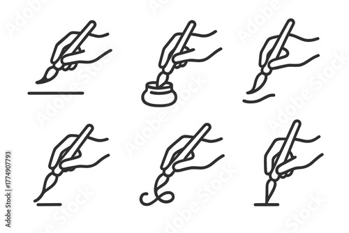 Iconic Calligraphy Poses. Line style icons of Iconic Calligraphy Poses: brush hovering, ink dipping, wrist turning, stroke