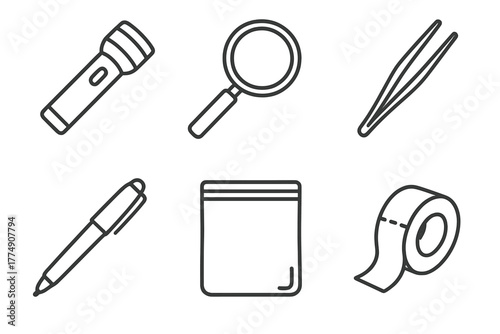 Geocaching Toolkit Icons. Line style icons of Geocaching Toolkit: flashlight, magnifying glass, tweezers, pen with cap, ziplock
