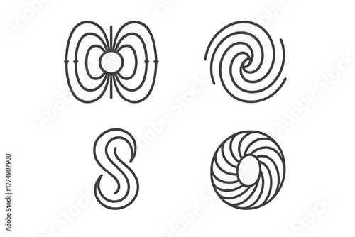 Energy Flow Icons. Line style icons of Energy Flow and Torus: magnetic torus field, vortex loop, inner flow symbol, field in