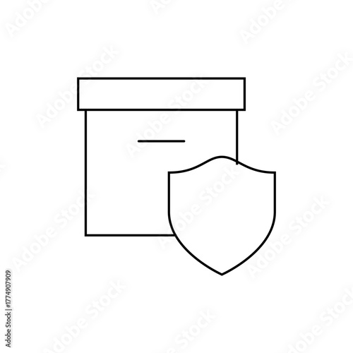 Outline drawing of a box with a lid and a shield in front of it representing safety and security measures