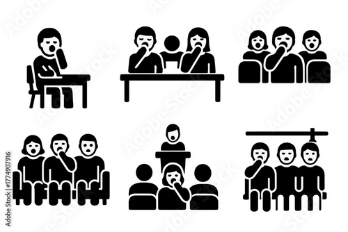 Social Yawn Icons. Solid style icons of yawning in social settings: Classroom Yawn, Office Chain, Movie Theater Reaction, Couch