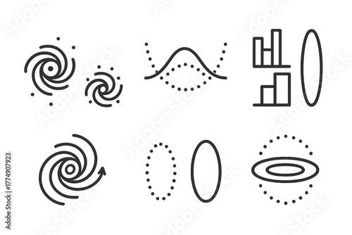 Dark Matter Iconography. Line style icons of dark matter: galactic scale comparison, baryonic vs dark profile, mass stacking bar,