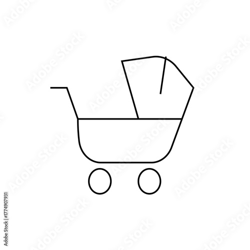 Simple line drawing of a baby stroller with a hood and two wheels isolated on a white background view
