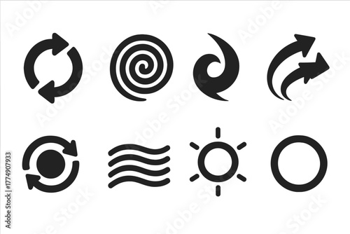 Vortex Motion Icons. Solid style icons of vortex motion: Rotational Arrows, Spiral Flow, Tapered Swirl, Acceleration Curve,