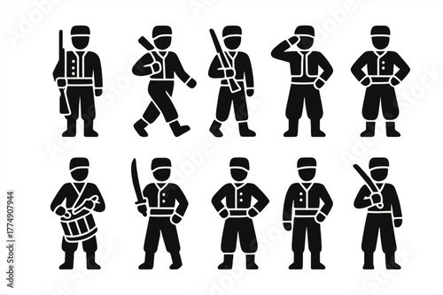 Zouave Soldier Icons. Solid style icons of Zouave soldier posture: Standing Guard, Marching Pose, Rifle Over Shoulder, Salute