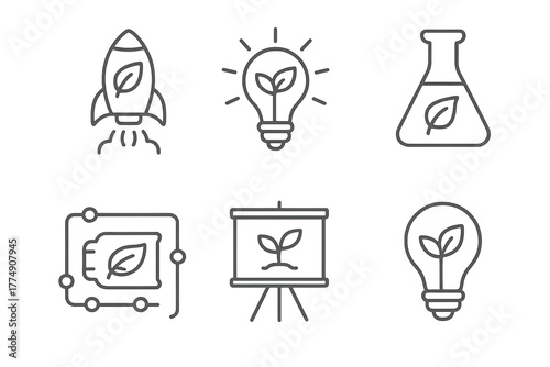 Biodegradable Innovation Icons. Line style icons of biodegradable plastics: startup innovation, green lightbulb icon, eco lab gear
