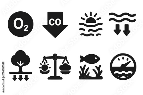 Ecological Impact Icons. Solid style icons of ecological impact: Oxygen Production Bubble, CO₂ Uptake Arrow, Light Penetration