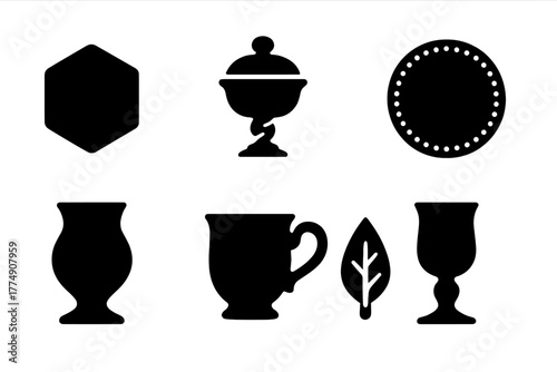 Uranium Glass Icons. Solid style icons of uranium glass shapes: Hexagon Base, Swirl Stem, Dome Lid, Beaded Edge, Hourglass Body,