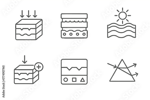 Artificial Photosynthesis Icons. Line style icons of artificial photosynthesis: multi-junction cell icon, tandem solar layer,