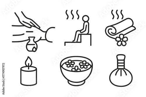 Spa Line Icons. Line style icons of spa and wellness with aromatherapy: oil massage, steam room, scented towel, aroma candle,