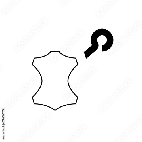 Illustration of a white leather symbol with a black hook shape above it on a white background plain view