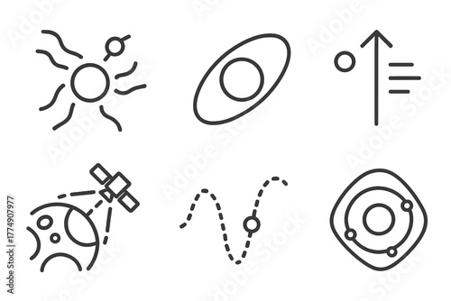 Dark Matter Icons. Line style icons of dark matter: satellite galaxy motion, orbital trail icon, velocity anomaly, satellite