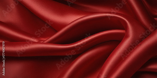 Close-up of a rich, deep red satin fabric. A close-up shot showcasing the luxurious drape and texture of a deep red satin fabric.	
