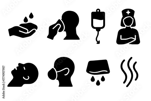 Anesthesia Icons Set. Solid style icons of anesthesia administration: Soaked Cloth, Mask Placement, Drip Motion, Waiting Nurse,