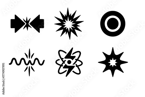 High-Energy Phenomena Icons. Solid style icons of high-energy phenomena: Particle Collision Spark, Energy Flare Burst, Singularity