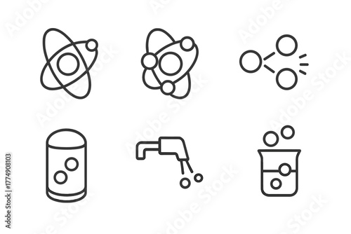 Nuclear Fusion Icons. Line style icons of nuclear fusion: deuterium atom, tritium atom, hydrogen isotope, fusion fuel cell, fuel