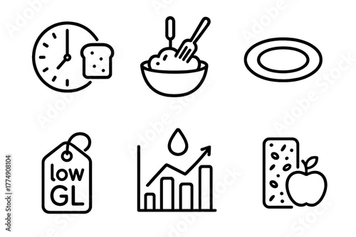 Intermittent Fasting Symbols. Line style icons of intermittent fasting: breaking the fast, gentle meal icon, small plate symbol,