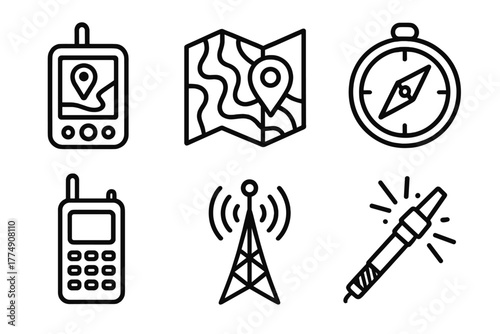 Navigation and Communication Icons. Line style icons of Navigation and Communication: GPS device, topographic map, compass,