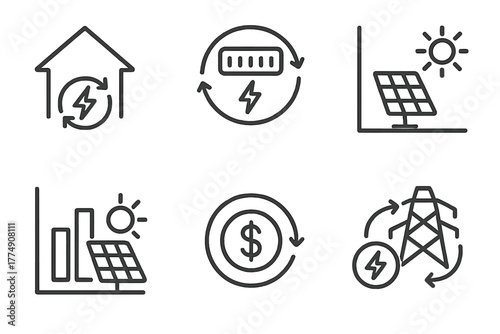 Renewable Energy Icons. Line style icons of renewable energy: net metering icon, two-way meter, solar export graph, usage vs