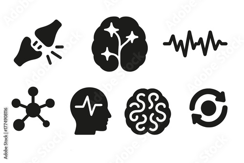 Neural Icons Collection. Solid style icons of neural activity and brain mapping: Firing Synapse, Glowing Neural Pathways,