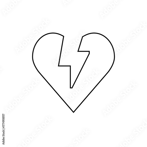 Outline of a broken heart with a lightning bolt shaped crack in the middle on a white background design image