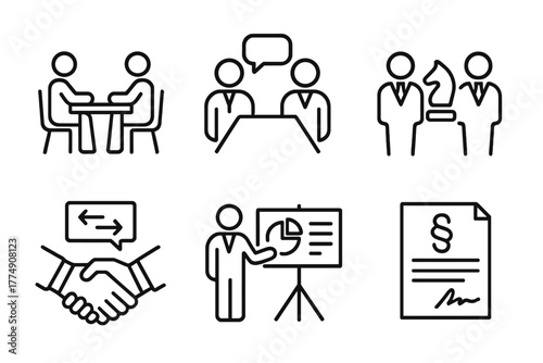 M&A Icon Set. Line style icons of mergers & acquisitions: negotiation table, executive discussion icon, strategy alignment, deal