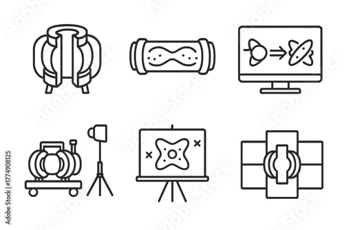 Nuclear Fusion Icons. Line style icons of nuclear fusion: experimental chamber, test plasma, control experiment, modular reactor