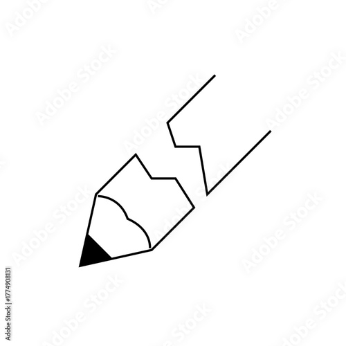 Simple line drawing of a broken pencil with a black tip and jagged edges on a white background design