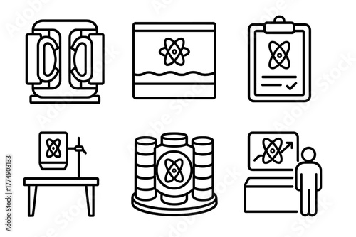 Nuclear Fusion Icons. Line style icons of nuclear fusion: experimental chamber, test plasma, control experiment, modular reactor