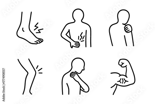 Physiotherapy Injury Icons. Line style icons of injury types treated in physiotherapy: sprained ankle, back pain, frozen shoulder,