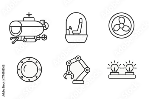 Deep-Sea Submersible Icons. Line style icons of Deep-Sea Submersibles: research submersible, pilot seat capsule, propeller unit,