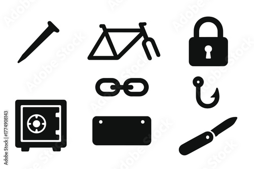 Solid Style Icons. Solid style icons of common found objects: Rusty Nail, Bicycle Frame, Padlock, Metal Chain, Safe Box, License