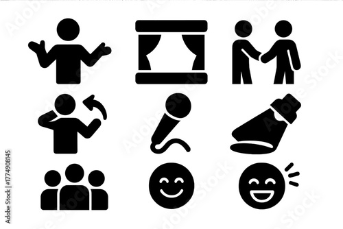 Improvisation Performance Icons. Solid style icons of Improvisation Performance: "Yes, And...", Stage, Partner, Spontaneity,
