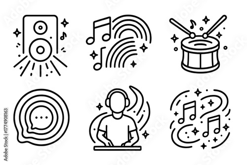 Chromesthesia Icons. Line style icons of Chromesthesia Experiences: sound radiating light, music rainbow burst, drum producing