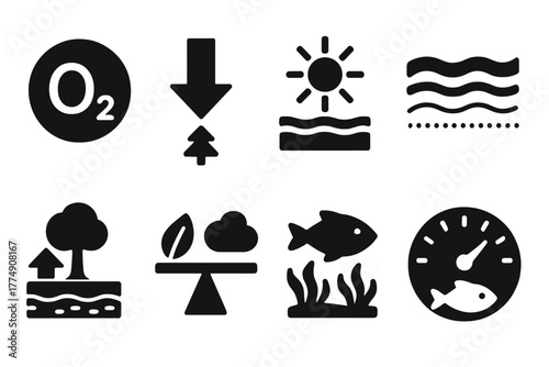 Ecological Impact Icons. Solid style icons of ecological impact: Oxygen Production Bubble, CO₂ Uptake Arrow, Light Penetration