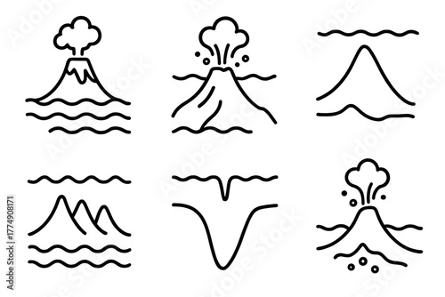 Volcanology Icon Set. Line style icons of volcanology: volcanic island formation, underwater eruption, seamount icon, island arc,