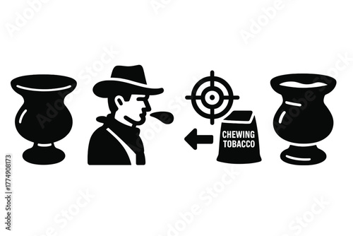 Vintage Tobacco Tools. Solid style icons of Vintage Chewing Tobacco Tool: Spittoon, Brass, Aim, Chewing Tobacco, Saloon, Rim,